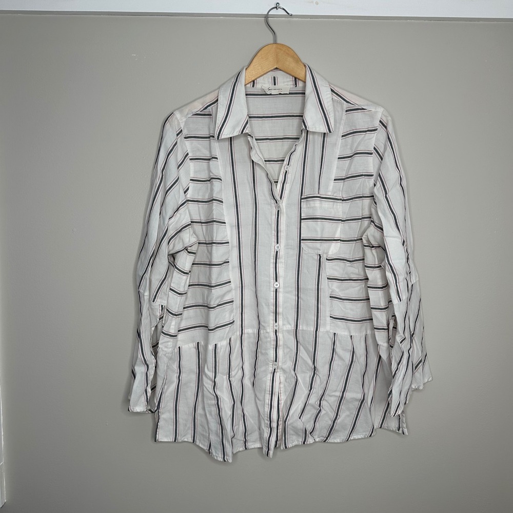 Two by Vince Camuto Striped‎ Button Down Shirt Women's 1X White Navy Bell Sleeve